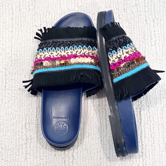 Tory Burch | Isle Embellished Slip-on Slides | Blue | 7.5 - Picture 1 of 8